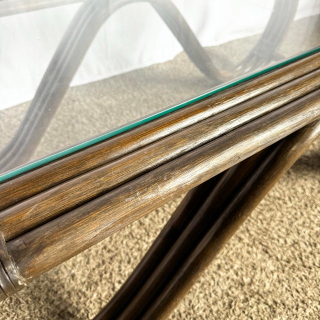 Brown Boho Chic Rattan and Leather Weave Sculpted Coffee Table For Sale - Image 8 of 12