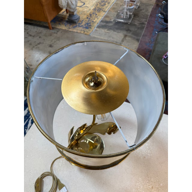 Italian Italian Sculptural Brass Table Lamp With Cylindrical Shade, 1970s For Sale - Image 3 of 8
