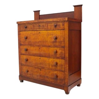 American Empire Cherry & Tiger Maple 7 Drawer High Chest With Backsplash C1830 For Sale