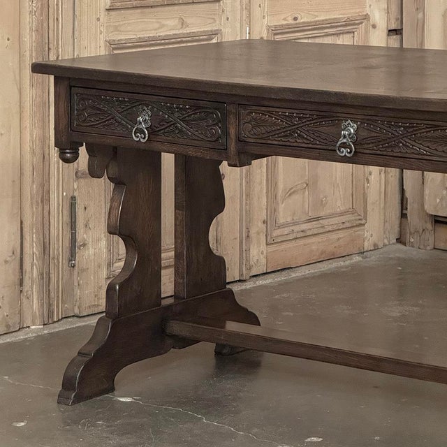 Antique Neo Gothic Carved Oak Trestle Three Drawer Writing Desk For Sale - Image 12 of 18
