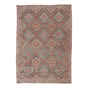 Vintage Turkish Kilim Rug in Red, Beige, and Olive Diamond Pattern 7'1 X 11'0