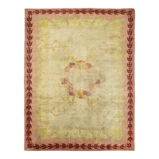 Antique Savonnerie Floral Wool Rug in Beige & Pink by Rug & Kilim, 1920-1929 For Sale