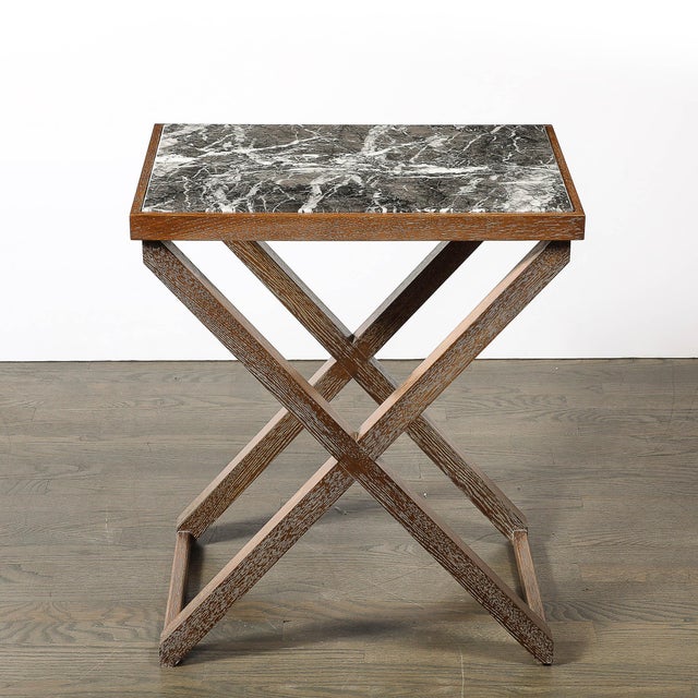 Modern Modernist Oak X Base Side Table W/ Marble Inlayed Top by Mattaliano For Sale - Image 3 of 12