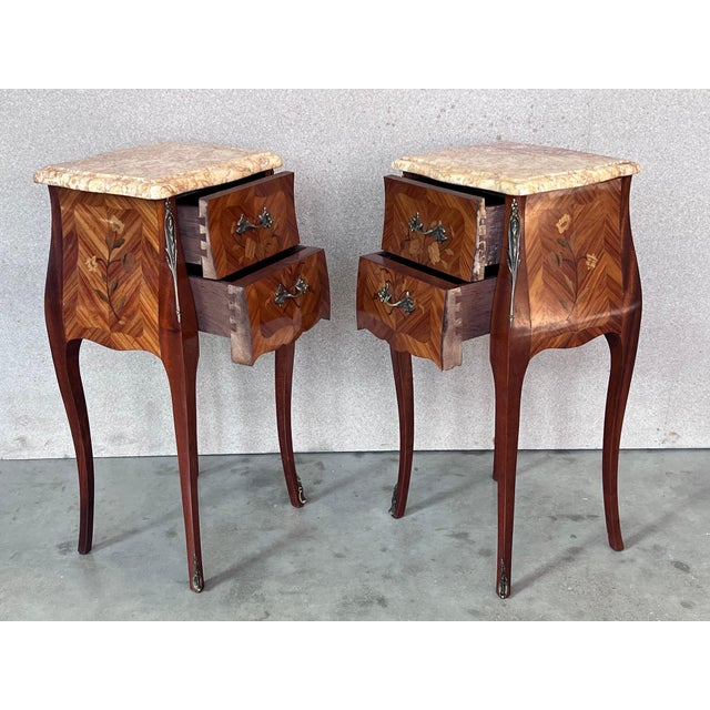 Antique Louis XV French Marquetry Marble Top Nightstands, Set of 2 For Sale - Image 12 of 18