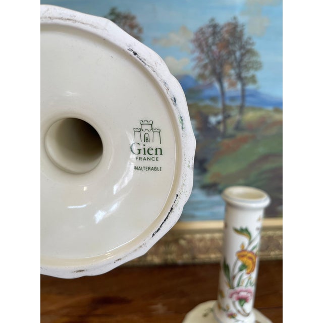Chinoiserie 1970s Pair of Hand-Painted French Chinoiserie Style Gien France Ceramic Candlesticks - Floral Motif, Stamped For Sale - Image 3 of 7