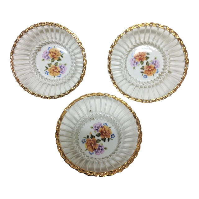 1950s Orange Floral Reticulated Catchalls Cluj Napoca Porcelain - Set of 3 For Sale