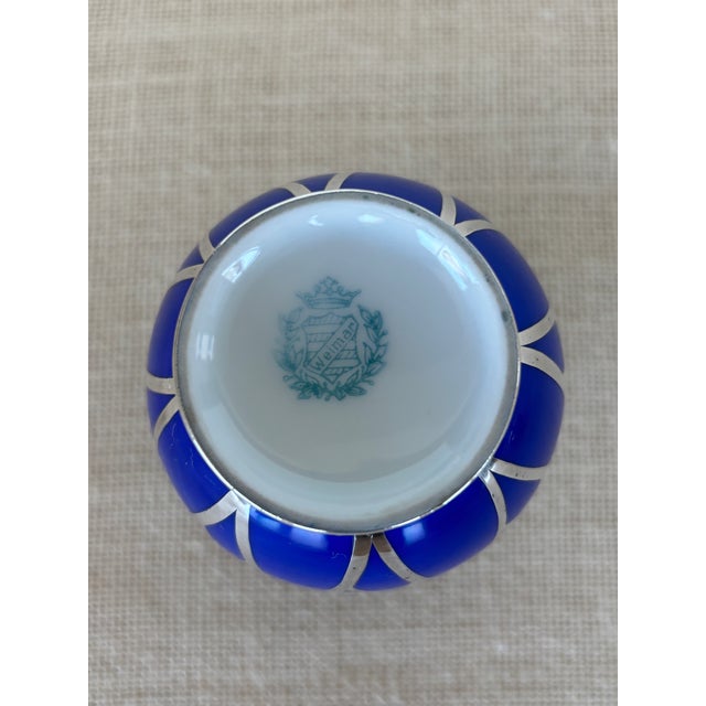 Vintage Art Deco Weimar Porcelain Cobalt Blue Silver Overlay Small Bottle Vase For Sale - Image 9 of 9