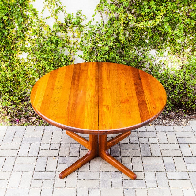 1980s Restored Danish Modern Solid Teak Pedestal Base Extension Dining Table For Sale - Image 13 of 15