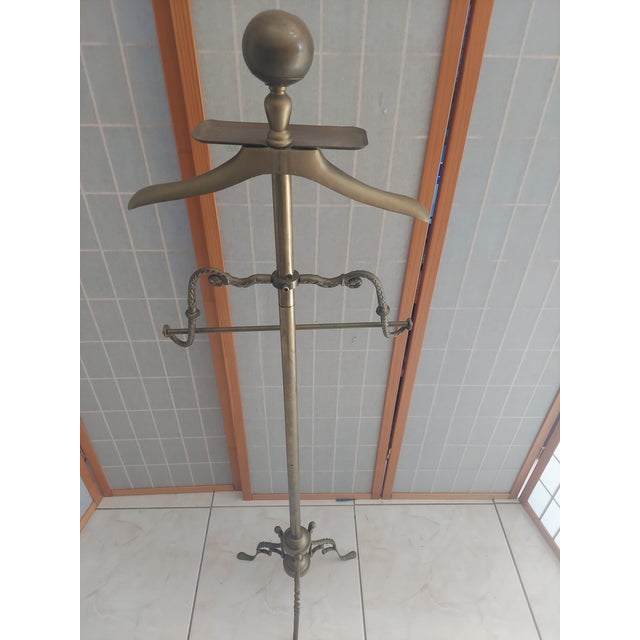 Vintage Art Deco Brass Gentleman's Valey Stand With Cannon Ball 1950's- 1960's Garment Rack. For Sale - Image 10 of 14