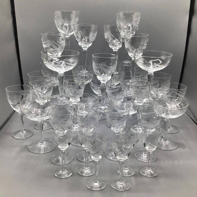 Cut Crystal European Abstract Line and Bubble Stemware-Set of 39 For Sale - Image 13 of 13