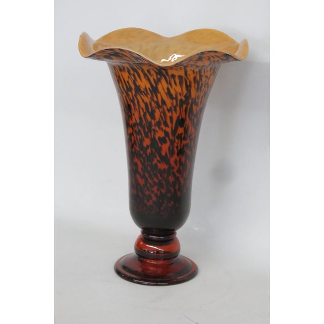 Art Glass Vase Italian Style Tortoiseshell Leopard Print With Ruffled Edge 4881b For Sale - Image 4 of 12