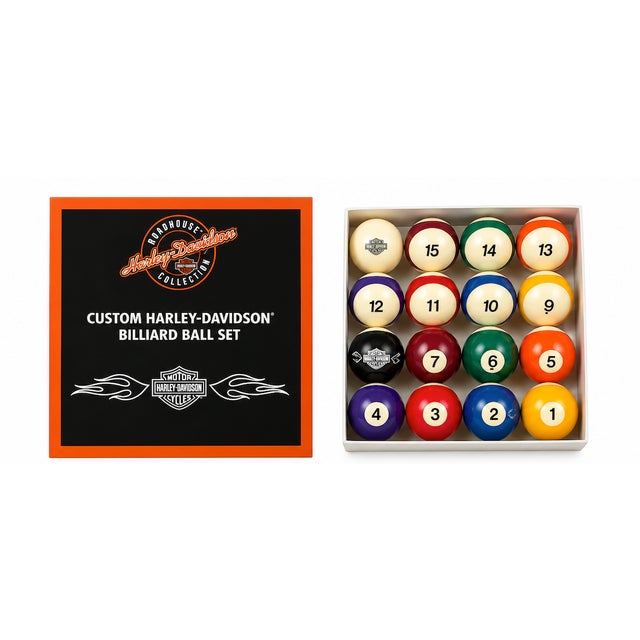 Rare Harley-Davidson Roadhouse Collection custom billiard set including 16 custom billiard balls, two matching maple cues,...