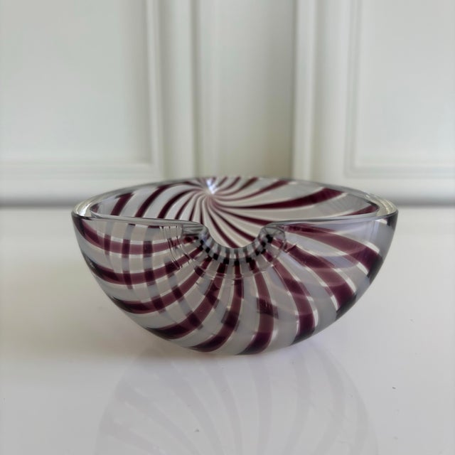 Vintage Italian Murano Art Glass Purple Candy Stripe Dish Bowl For Sale In Chicago - Image 6 of 10