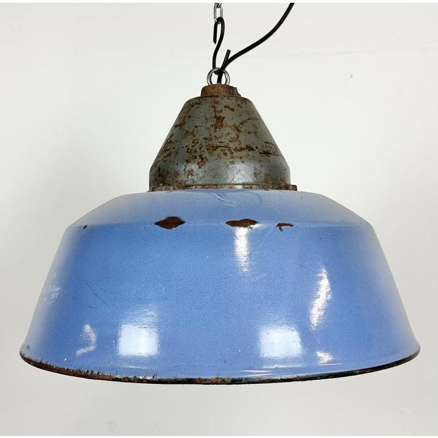 Paint Industrial Blue Enamel and Cast Iron Pendant Light, 1960s For Sale - Image 7 of 16