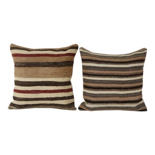 Vintage Turkish Hemp Kilim Pillow Cover, Set of Two White Striped Anatolian Cushion Cover, Pair Organic Tribal Pillowcase 24''x 2 4'' For Sale