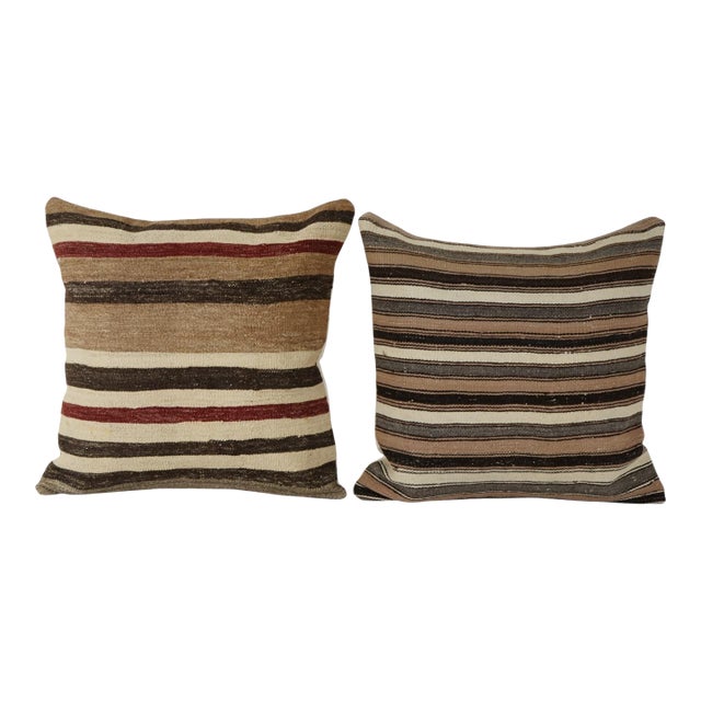Vintage Turkish Hemp Kilim Pillow Cover, Set of Two White Striped Anatolian Cushion Cover, Pair Organic Tribal Pillowcase 24''x 2 4'' For Sale
