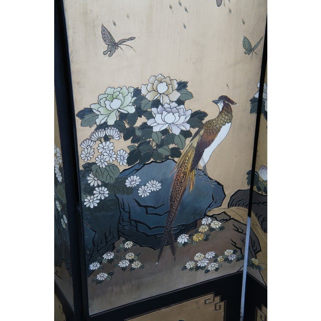 Vintage Chinese Black Lacquer 4 Panel Hand Painted Folding Screen Room Divider For Sale - Image 9 of 18