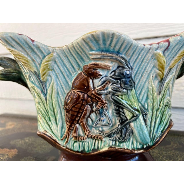 Pair Antique French Majolica Jardinières Insect Musician Cache Pot Planter C1880 For Sale In Dallas - Image 6 of 18
