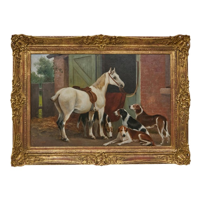 19th Century English Horse and Hound Oil Painting in Frame, Signed C. Goddard For Sale