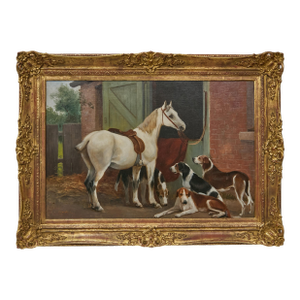 19th Century English Horse and Hound Oil Painting in Frame, Signed C. Goddard