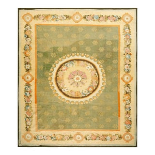 1820s Green Floral Medallion Flat Weave Antique French Aubusson Rug 8' 8" X 12' 6" Wool Carpet For Sale