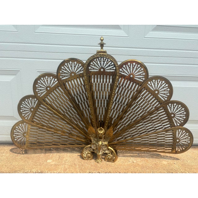 Early 20th Century Vintage Brass Fireplace Peacock Folding Fan Screen For Sale - Image 5 of 12