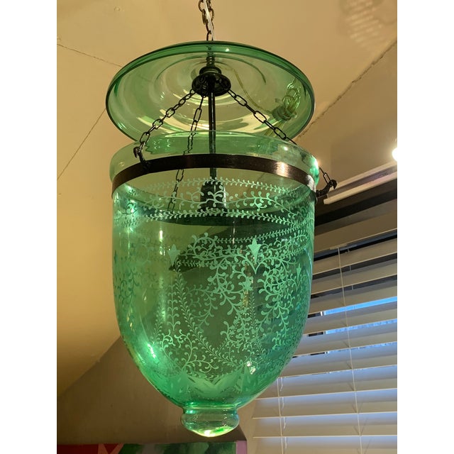 Vintage English Green Etched Glass Bell Jar Fixture Chairish