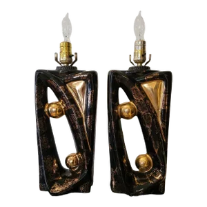 Pair of 1950s Black and Gold Ceramic Table Lamps in the Style of Howard Kron for Texans Inc.