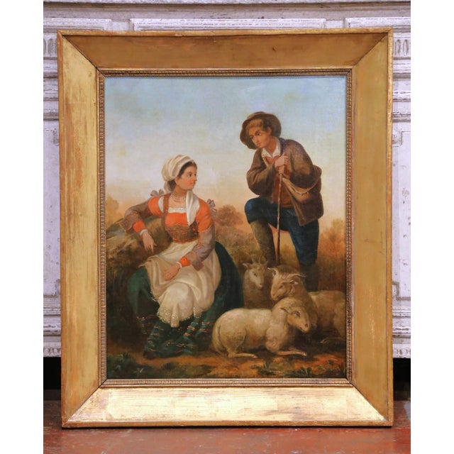 19th Century French Pastoral Oil on Canvas Painting in Carved Gilt Frame For Sale In Dallas - Image 6 of 11