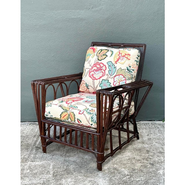 Vintage Stick Rattan Lounge Chair in Vintage Schumacher Paisley For Sale - Image 11 of 12