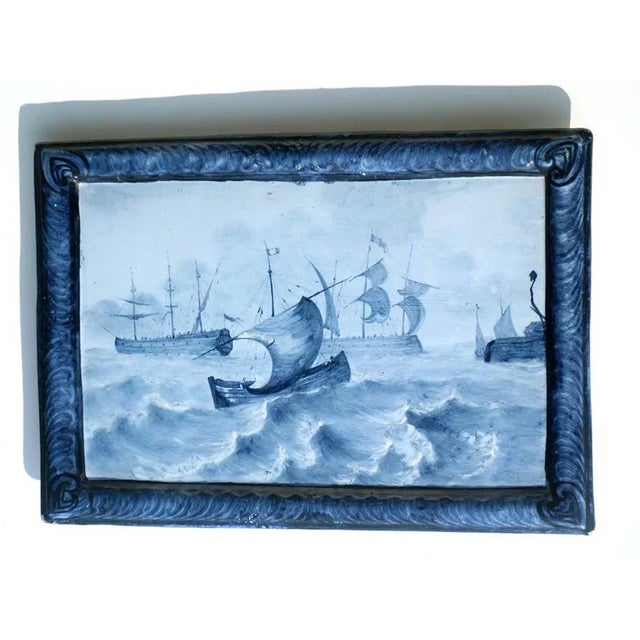 Rare Pair of Blue faience tiles Marine Landscape painted France, 1880-1890 ''E. Gallé Nancy'' Signed on the back Excellent...