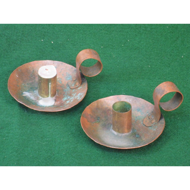 Copper Early 20th Century Pair Arts & Crafts Copper Candle Holders, Hand Hammered For Sale - Image 8 of 9