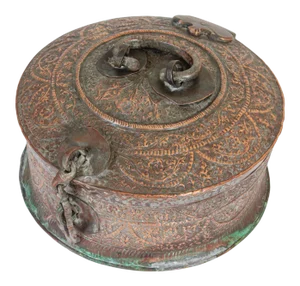 Antique South Asian Mughal Round Tinned Copper Box With Lid India 19th Century
