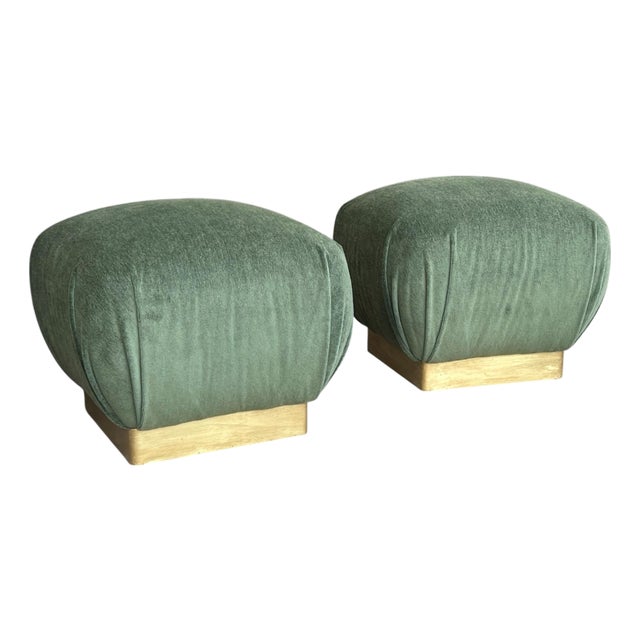 1970’s Hollywood Regency Karl Springer Style Poufs Stools in Green Mohair - A Pair For Sale
