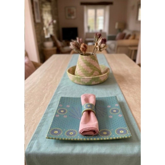 Large Handmade South African Ceramic Platter – Teal and Ochre Slip-Dot Floral Square Plate For Sale - Image 10 of 11