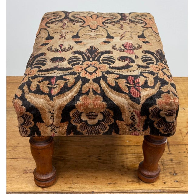 Wood Antique Floral Upholstered Footstool W/ Turned Wood Legs For Sale - Image 7 of 11