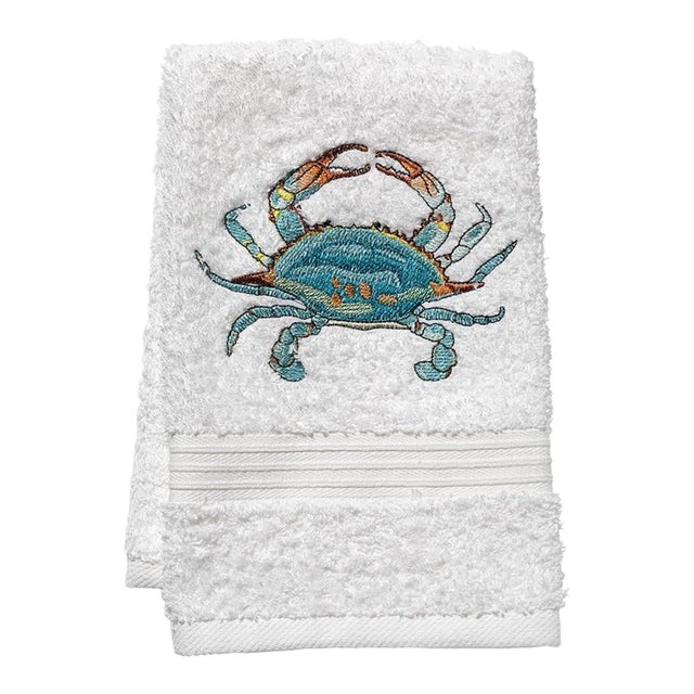 Aqua Atlantic Crab Terry Guest Towel, Embroidered For Sale