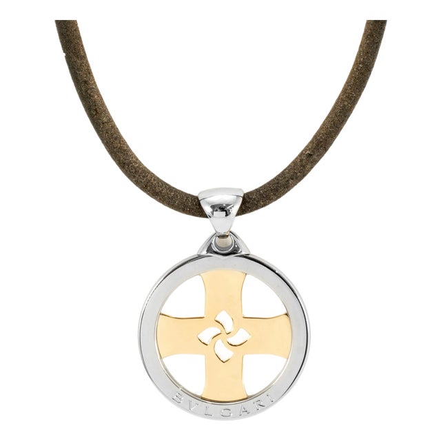 Bvlgari Tondo 18k Yellow Gold Steel Black Two Tone Chain Cross Chocker Necklace For Sale