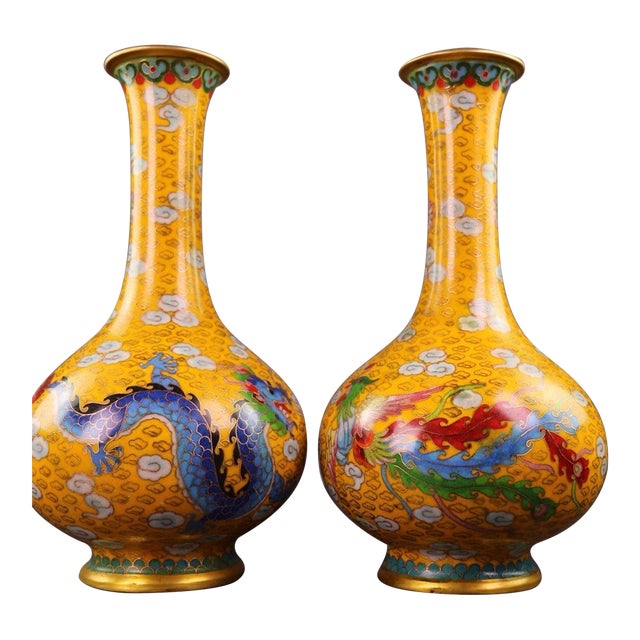 Pair of Vintage Chinese Cloisonné "Dragon & Phoenix" Vases - 3750g For Sale