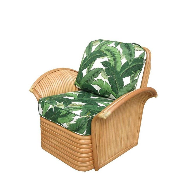 Art Deco 1980s Restored Rattan Fan Arm Lounge Chair With Ottoman Set For Sale - Image 3 of 9