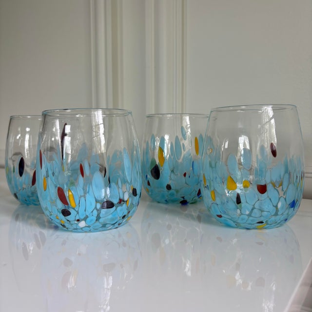 Blue Mirage Multi White Crystal Handmade Italian Murano Drinking Glasses - Set of 6 For Sale - Image 4 of 7