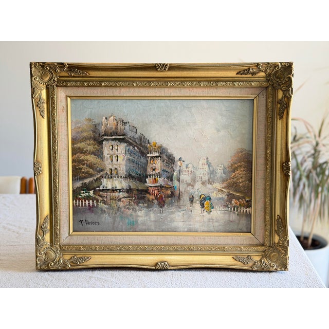 An original signed oil painting depicting a romantic Paris street scene, rendered in rich impasto with expressive palette...