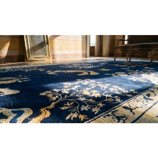 1880s Blue Navy Open Field Chinoiserie Pattern Antique Chinese Peking Rug For Sale - Image 15 of 15
