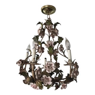 Vintage 1940s Pink Roses Tole Chandelier For Sale