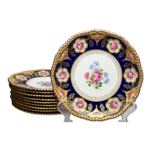 Antique Gilded Age Copelands Hand-Painted Plates- Set of 10