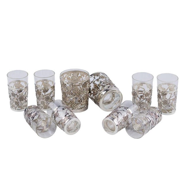 Liqueur Set with Pierced Sterling Silver Overlay, Set of 14 For Sale - Image 6 of 12