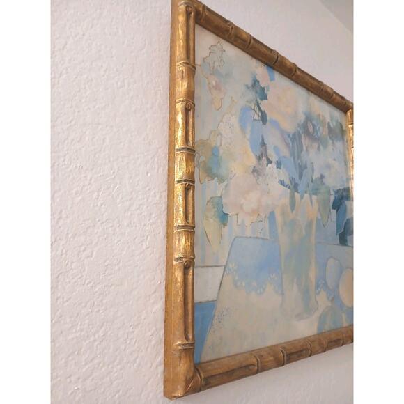 Art Deco 1950s Watercolor Painting Abstract Lt Blue Floral Wood Bamboo Frame Hollywood Regency For Sale - Image 3 of 14