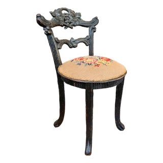 Antique 19th Century Hand-Carved Ebonized Faux Bois Aesthetic Movement Boudoir Vanity Side Chair With Floral Needlepoint Seat For Sale