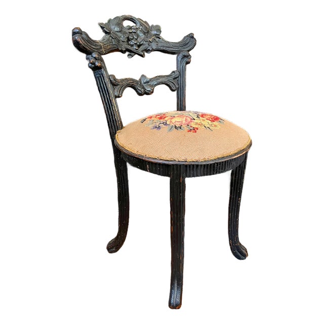 Antique 19th Century Hand-Carved Ebonized Faux Bois Aesthetic Movement Side Chair With Floral Needlepoint Seat For Sale