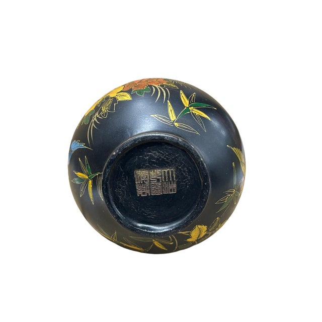 1990s Chinese Black Lacquer Color Graphic Decorative Wood Vase Art For Sale - Image 5 of 5